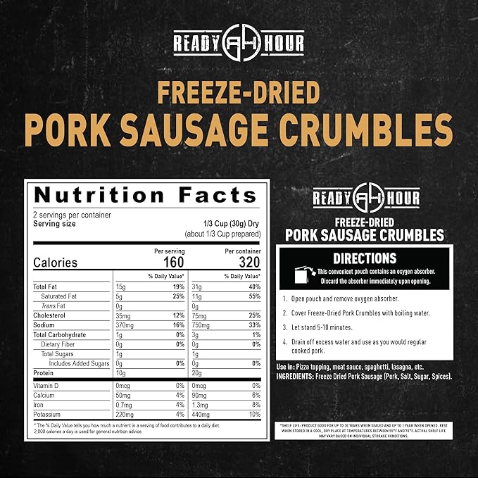 Ready Hour Freeze-Dried Pork Sausage Crumbles Case Pack, 6 Pouches, 12 Servings, USDA Inspected Pork, Shelf Stable Real Meat for Emergency Protein, Survival Food Bulk Meat Pack