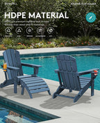 SERWALL Folding Adirondack Chair, Dual Cup Holders & All-Weather HDPE, Wood-Like Patio Chair for Backyard, Camping，Pool & Fire Pit- Navy