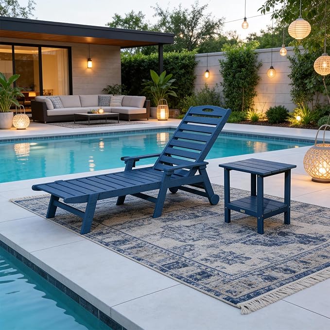 Domi Outdoor Chaise Lounge Chair with Table, HDPE Outdoor Lounge Chair with Reclining Backrest, Patio Chaise Lounger for Poolside, Outside Sunbathing Tanning, Blue