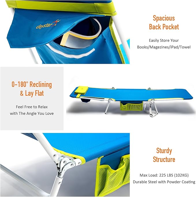 daystar SunnyFeel Beach Lounge Chair 180-degree Reclining & Lay Flat, Portable Folding Camping Chairs with Padded Comfy Pillow for Camp/Lawn/Outdoor/Travel/Picnic, Beach Camping Cot