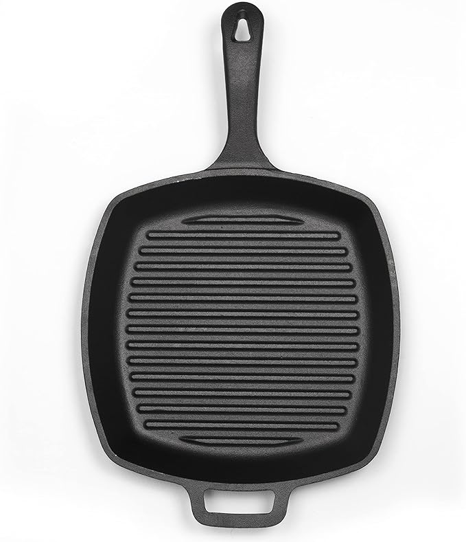 Commercial Chef 10.5-Inch Cast Iron Square Grill Pan, Pre-Seasoned Cast Iron, Integrated Hanging Hole in Handle, Works on All Cooktops Including Induction, Outdoor Skillet for Campfires, CHFL75