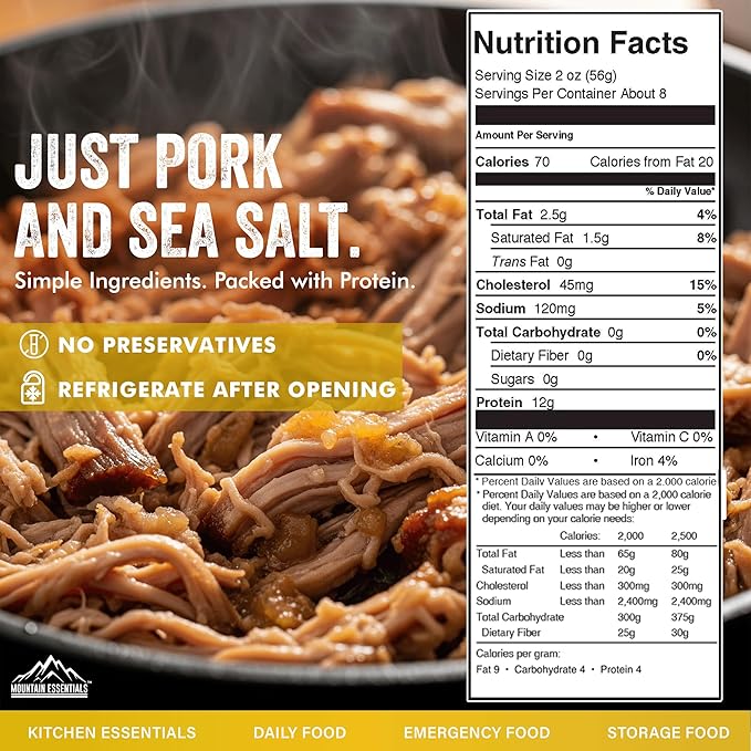 MOUNTAIN ESSENTIALS Canned Pork 14.5 oz – Fully Cooked, Ready to Eat – Pantry Staple Meat for Everyday Meals, Premium Emergency Survival, Bulk Food Storage, Camping, Hiking & Quick Meals – 5-Year Shelf Life – Made in USA – Gluten Free, No Carbs Pack of 1