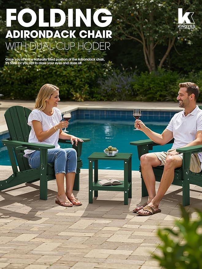 KINGYES Folding Adirondack Chair with Dual Cup Holders - HDPE All-Weather Outdoor Chairs, Wood-Like Patio Chair for Backyard, Camping, Pool & Fire Pit, Dark Green