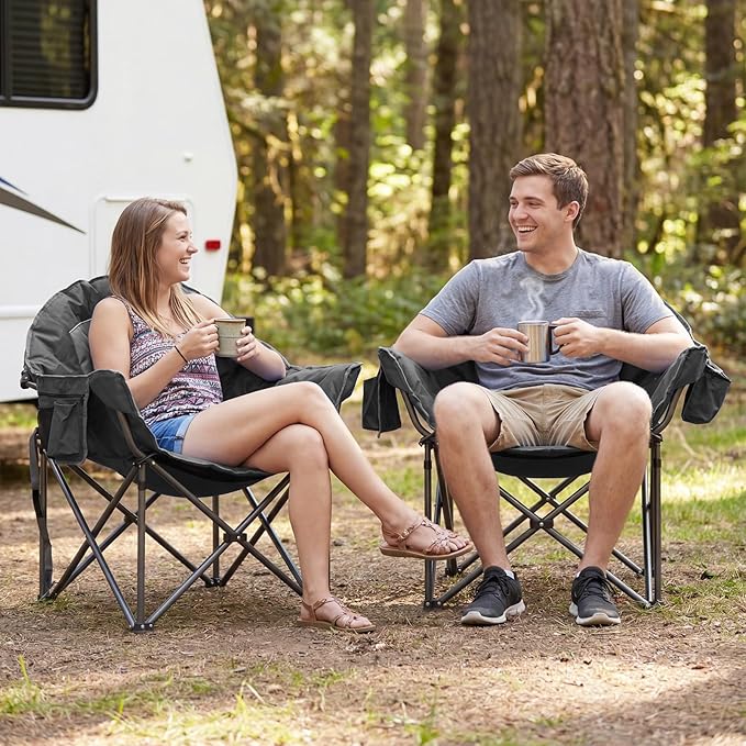 Romswi Oversized XL Padded Camping Chair for Adults, 500lbs Support Heavy-Duty Padded Folding Chair with Side Pocket Cup Holder, Wide&Thick, for Outdoor,Black