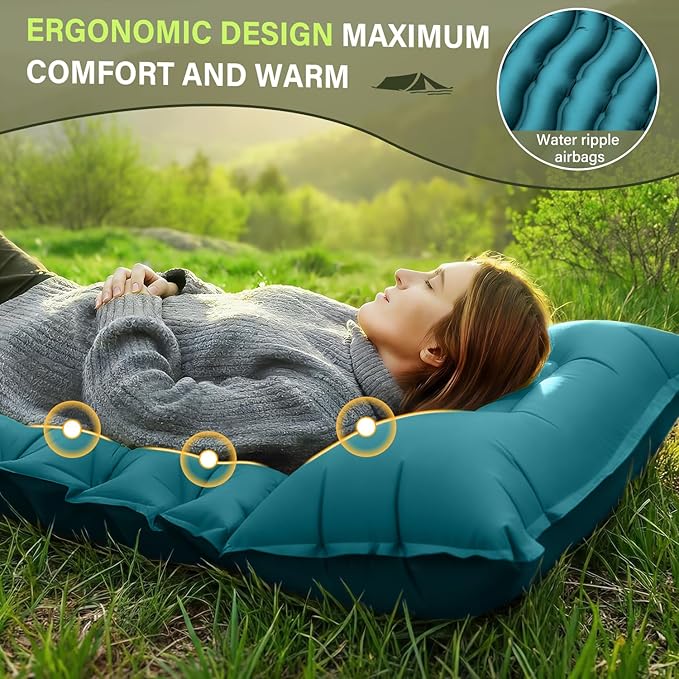 Camping Sleeping Pad, Ultralight Camping Pad with Pillow Built-in Foot Pump Inflatable Sleeping Mat Compact for Camping Backpacking Hiking Traveling-Green