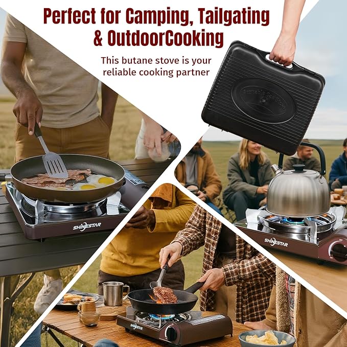 SHINESTAR 14000 BTU Butane Camping Stove, Double Wind-Guard Portable Butane Stove for Camping, Hiking, Emergencies, Tailgating Essentials, Carrying Case Included, Brown