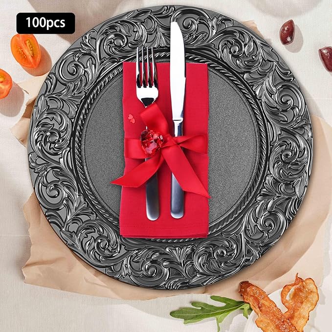 100 Pcs Black Charger Plates Bulk, 13'' Round Table Chargers, Plastic Embossed Rim Decorative Chargers Floral Plates for Wedding, Christmas, Party, Event, Decoration