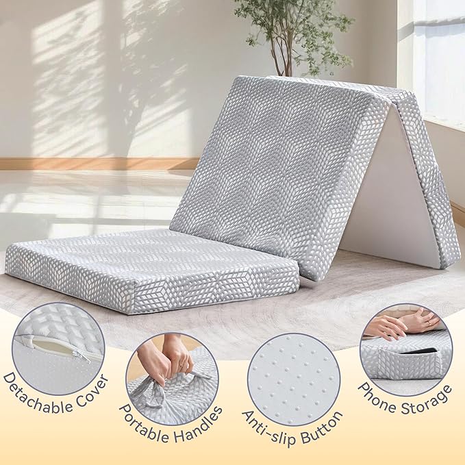 BDEUS Memory Foam Folding Mattress 4 Inch Twin Size with Protable Storage Bag, Trifold Mattress Topper Soft Guest Bed Floor Mat for Kids Camping Road Trip, Gray, 38 x 75 Inch