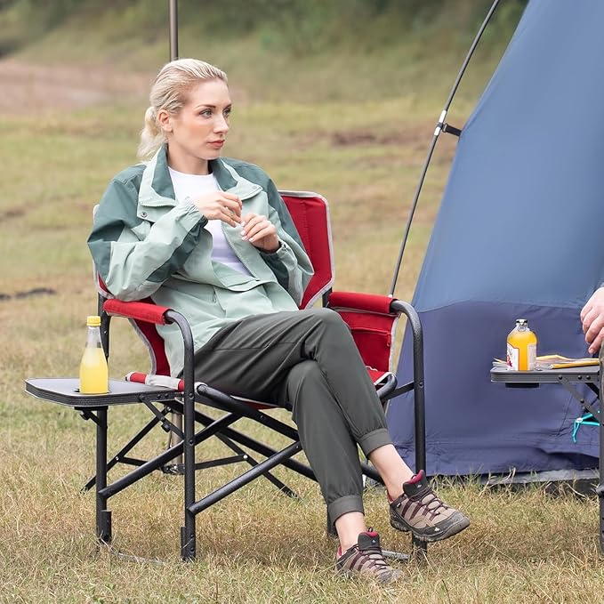 TIMBER RIDGE Lightweight Oversized Camping Chair, Aluminum Directors Chair with Side Table for Outdoor Camping, Lawn, Picnic and Fishing, Supports 400lbs, Red 2PCS