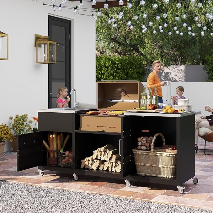 Happygrill 80” Outdoor Grill Table with Sink & Drainage, Heavy Duty Metal Grill Cart w/Cabinet & Removable Stainless Steel Top, Portable Prep Cooking Table w/Wheels for BBQ, Patio, Camping & Backyard