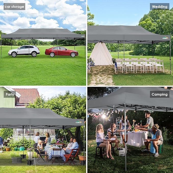 COBIZI 10x30 Pop up Canopy, Heavy Duty Outdoor Party Tents for Parties, Easy up UPF 50+ Waterproof Commercial Canopy with Wheeled Bag can fold, Gray(Windproof Upgraded)