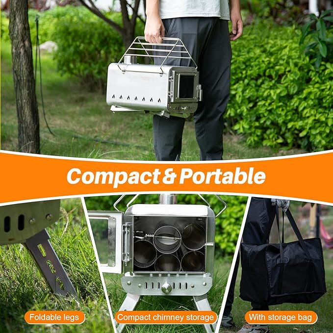 CHANGE MOORE Hot Tent Stove, Secondary Burn Design - Improve Combustion Efficiency, Portable Wood Burning Tent Stove w/Chimney Pipe & Anti-scalding Cloth, for Outdoor Camping, Hunting, Ice Fishing