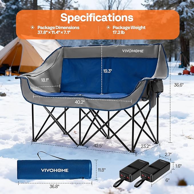 VIVOHOME 45W Padded Heating Double Camping Chair with 2 x 27000mAh Power Bank, Heated Oversized Portable Loveseat for Outdoor Sports, 3 Levels of Heat, Overheat Protection System, Navy Blue and Gray