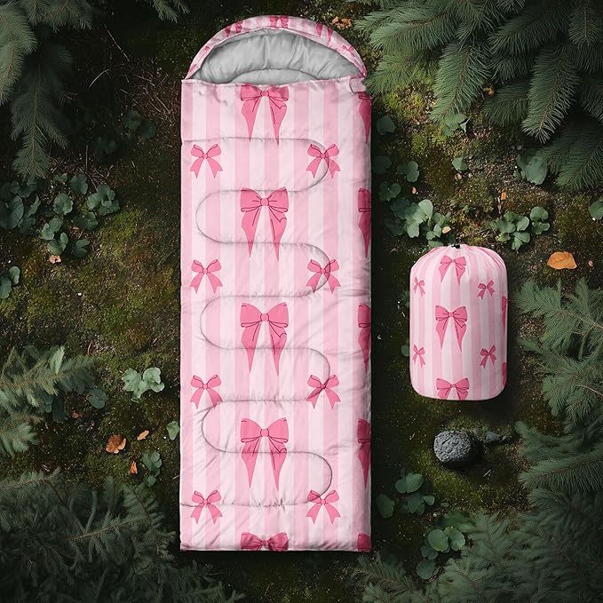 Colorful Bow Sleeping Bag, 3 Season Warm Cool Weather, Hand Drawn Bow Camping Sleeping Bag for Adult, Cute Bowknot Camping Backpacking for Outdoor Traveling Hiking Hunting Gear Equipment