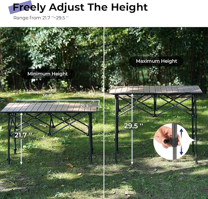 Camping Table Folding Portable Camp Aluminum Fold Up Lightweight Roll Up Table Adjustable Height with Carry Bag Indoor Outdoor for Camping, Picnic, Backyard, BBQ, Patio, Wood Grain