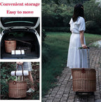 Outdoor Camping Picnic Basket Hand Lever Type Multi-Function Rattan Basket with Rollers Insulation Tableware Storage Box for Outdoor Picnic