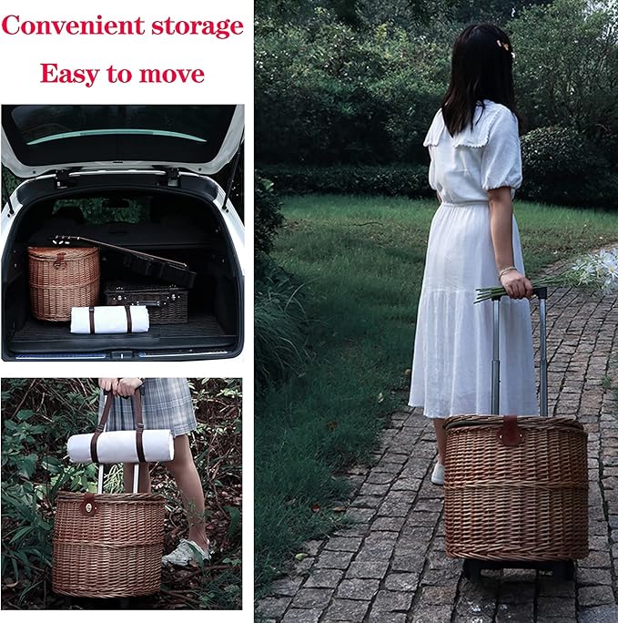 Outdoor Camping Picnic Basket Hand Lever Type Multi-Function Rattan Basket with Rollers Insulation Tableware Storage Box for Outdoor Picnic