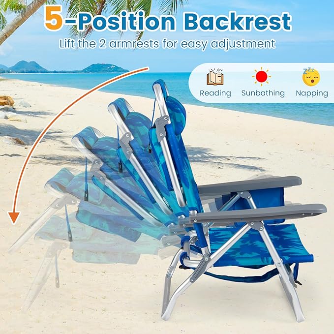 Goplus Beach Chair, Folding Backpack Beach Chairs for Adults with 5 Positions, Head Pillow, Cooler Bag, Towel Bar, Cup Holders, Sunbath Sling Tanning Lounge, Foldable Layout Camping Chairs