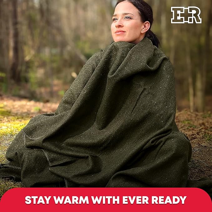 Ever Ready First Aid Olive Drab Green Warm Fire Retardant Blanket, 66" x 90" (80% Wool) – US Military Style, Heavy-Duty Survival & Emergency Blanket for Camping, Hunting, Outdoors & Home Use - 2 Pack