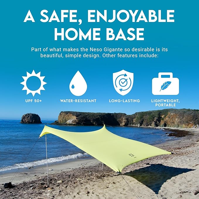 Neso Gigante Portable Beach Tent Sun Shelter - Lightweight Beach Shade Canopy - Easy Setup for Family Outings - Patented Reinforced Corners - UPF 50+ Sun Protection - 8ft Tall, 11 x 11ft - Lemon