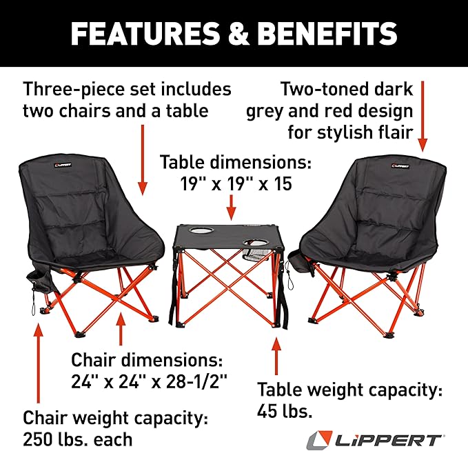 Lippert Baja Overlanding 3-Piece Chair & Table Set, 600-Denier Polyester Folding Chairs, Dual Cupholders, Innovative Scoop for Ultimate Comfort, Fold-up Convenience - 2023053719
