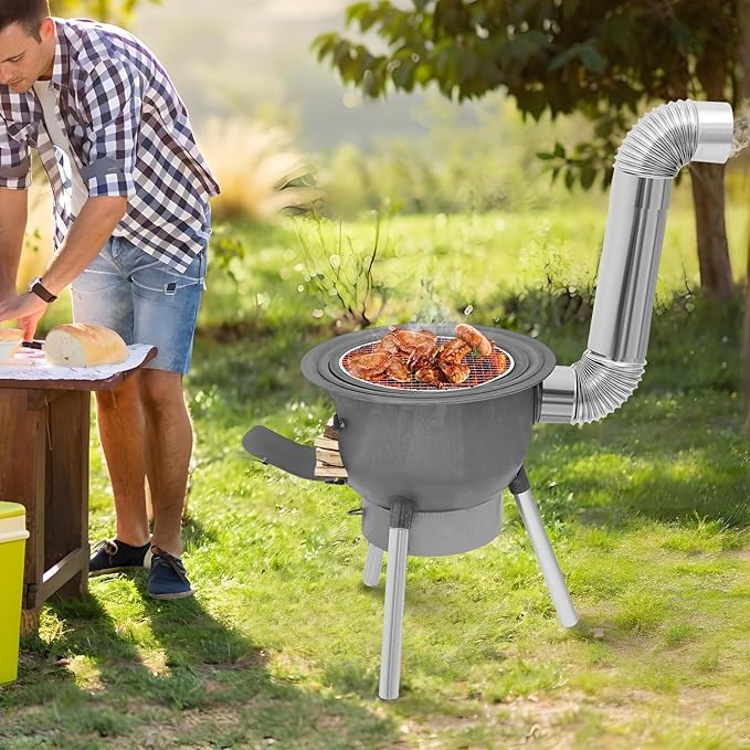Wood Burning Stove with Grill Rack, Portable Camping Rocket Stove Chimney Charcoal Grill & 3 stove rings, for Outdoor Backyard Cooking, Picnic and Barbecue (Silver+Grey, 16.9 in)