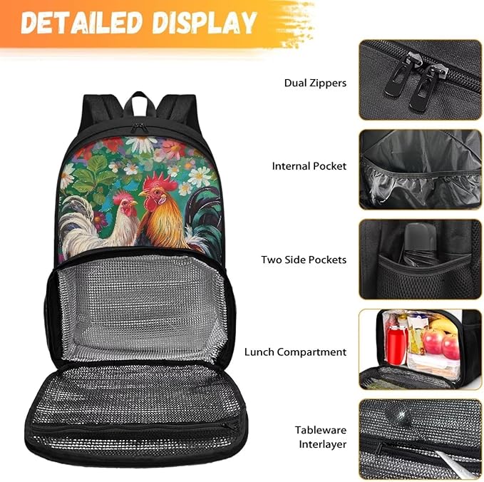 17 Inch Travel Laptop School Backpack for Women Men, Business Work Computer Backpacks Purse Hiking Dayback College Bag with Multi Pockets Large Kids Bookbag, Chicken Rooster Garden