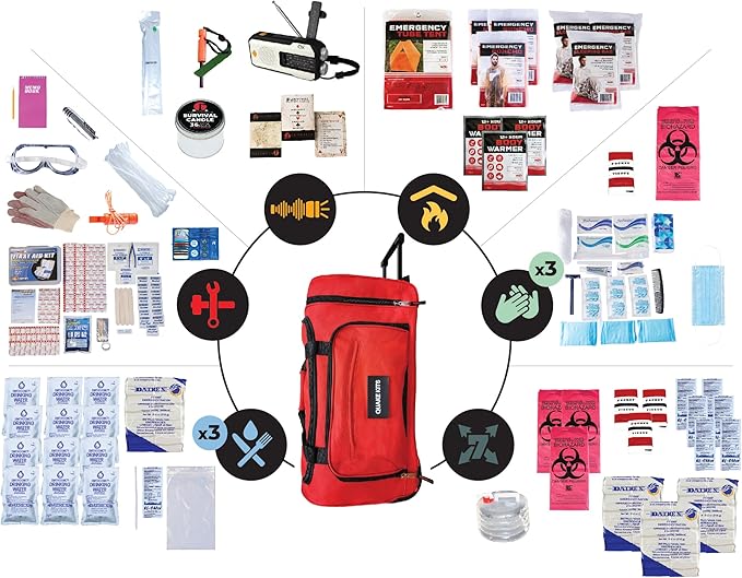 QK 3-Person, 7 Day Completely Prepared Survival Kit for Emergency Preparedness - 1 Week Go Bag Includes First Aid, Survival Tools, Food and Water. Emergency Kit for Earthquakes and Other Disasters.
