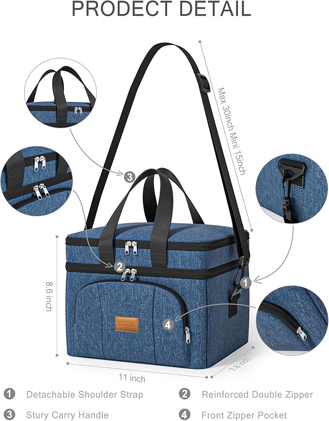 Rnivvi Lunch Box for Men, Double Decker Insulated Cooler Bag Lunch Bag Reusable Leakproof Tote Lunch Container with Strap for Work Family Picnic Hiking Camping, 18 Cans 12L, Large Adults, Blue