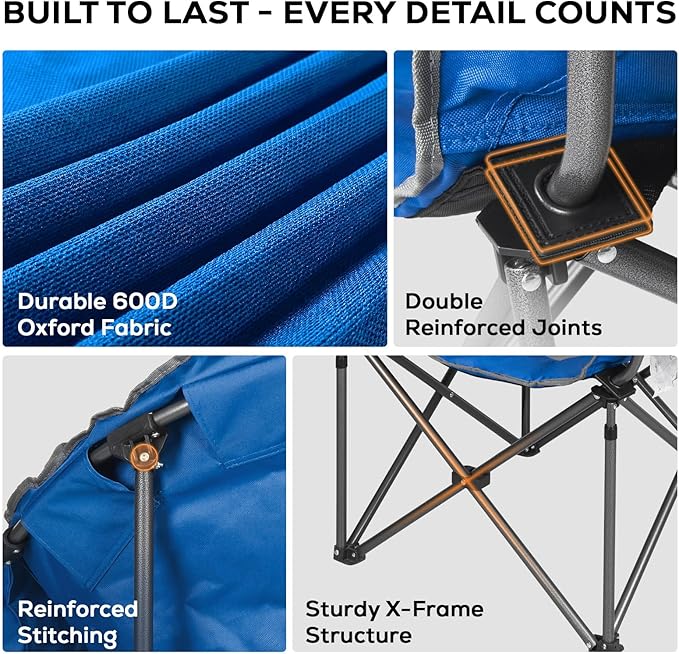 Romswi 2PK Oversized XL Padded Camping Chair for Adults, 500lbs Support Heavy-Duty Padded Folding Chair with Side Pocket Cup Holder, Wide&Thick, for Outdoor,Blue and Gray