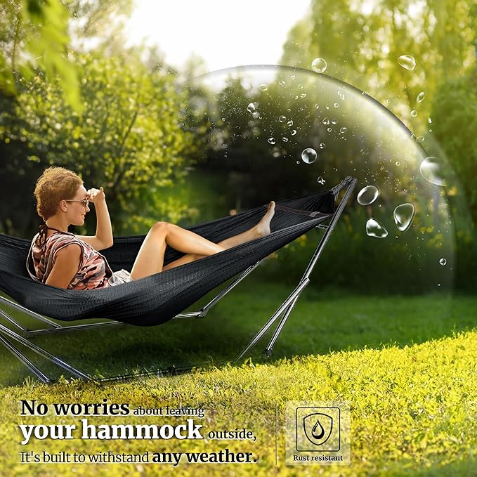 Tranquillo Adjustable Hammock Stand, Collapsible Camping Hammock and Stand, 650 lbs Capacity Deluxe Double Hammock Stand for 2 Persons, Portable Everywhere Easy Assembly Non-Slip and Noise-Free, Black