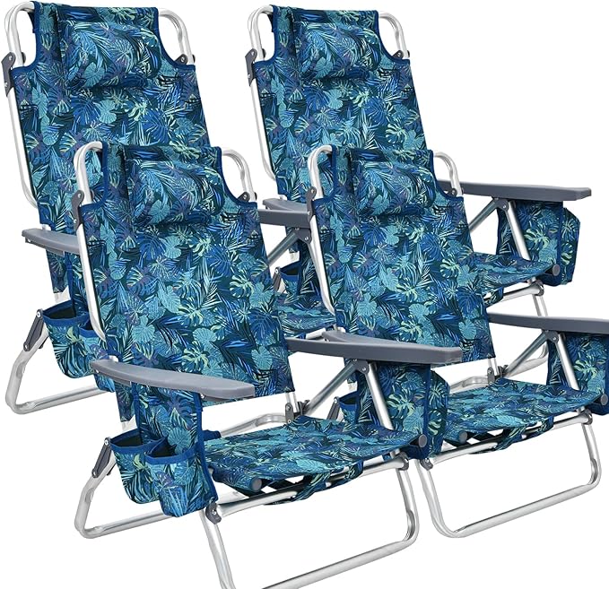 GYMAX Beach Chairs, Backpack Camping Chair with Armrest, Cooler Bag, Cup Holder, Towel Bar & Side Pockets, Sunbath Sling Tanning Lounge, Folding Layout Chair (4 Chairs Without Table, Blue Leaves)