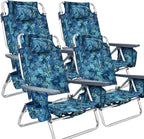 COSTWAY Backpack Beach Chairs, 4-Pack Portable Camping Chairs with Cup Holder, Ice Bag, 5-Position Outdoor Reclining Chairs for Adults, Travel, Sunbathing, Support 300 LBS, Navy