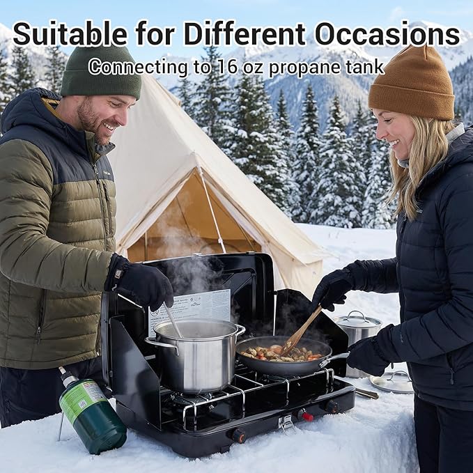 Camping Stove, 2 Burners Propane Portable Camp Stove with Regulator, Push-Button Instant Ignition, Adjustable Burners & Wind Guards for Car BBQ Picnics Outdoor Cooking