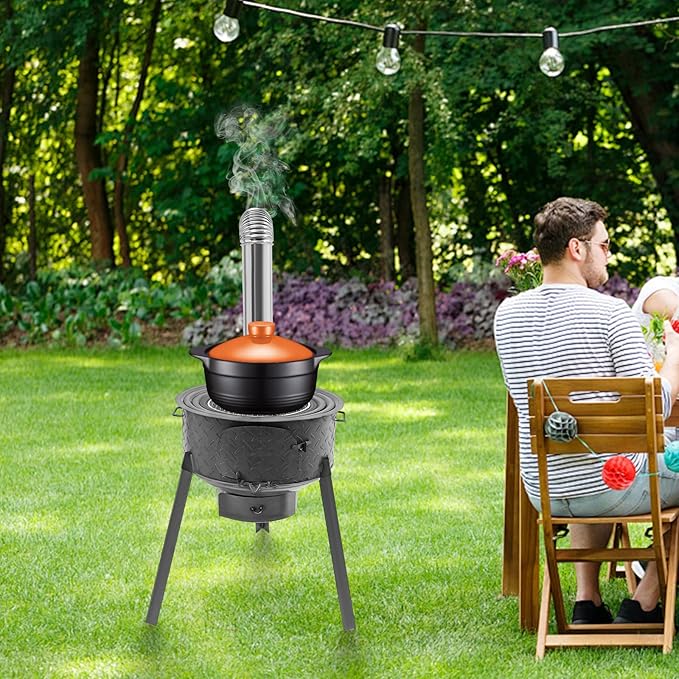 Wood Burning Stove with Grill Rack, Portable Camping Rocket Stove Chimney Charcoal Grill & 3 Wok Rings for Outdoor Backyard Cooking, Picnic and Barbecue (Carbon Black, 18.9 in)