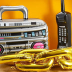 Cunhill 22 Pcs 80s 90s Party Decorations Include Inflatable Boom Box Beverage Cooler, Inflatable Mobile Phone and 20 Gold Foil Chain Balloons for Hip Hop Theme Supplies Cosplay Props