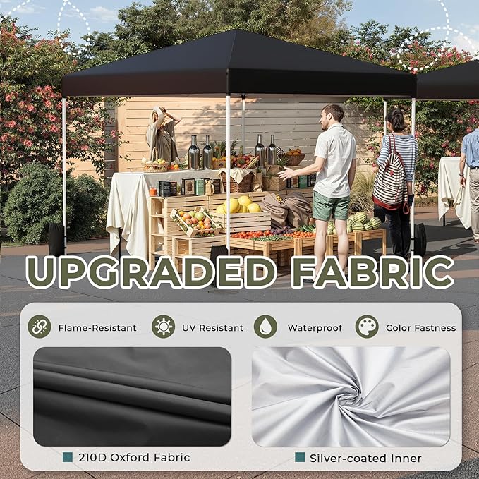 EROMMY 10x10 Pop Up Tent, Easy to Set Up Outdoor Canopy, Portable Shelter for Events, Parties, Camping with 4 Sand Bags, Wheeled Bag, 4 Ropes and 8 Spikes(Black)