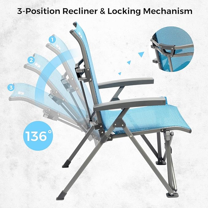 SUNNYFEEL Folding Camping Chair Outdoor Reclining Adjustable 3 Position Heavy Duty Adults 500 LBS Capacity with Hard Armrests & Cup Holder, Blue Ergonomic Chairs for Outdoor, Camp, Beach, Travel, RV