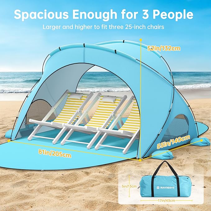 Beach Tent Sun Shelter, Beach Shade Tent with UPF50+ UV Protection, Sun Shelter for 1-3 Person, Beaches Shade with 2 Zippered Doors, Portable Tents for Camping Fishing, Light Blue
