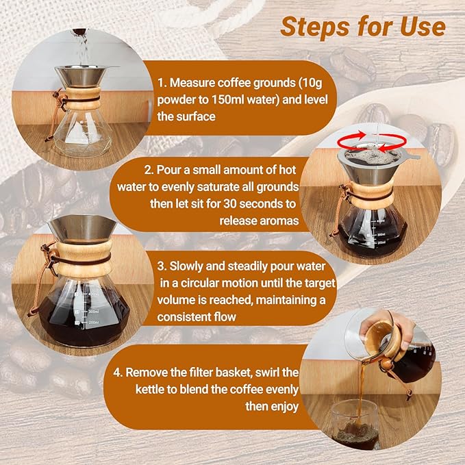 Coffee Pour Over 13.5oz 400ml High Borosilicate Glass Pour Over Coffee Maker Set Camping with Reusable 304 Stainless Steel Filter Hand Brew Carafe Drip Suitable for Electric Ceramic Stove