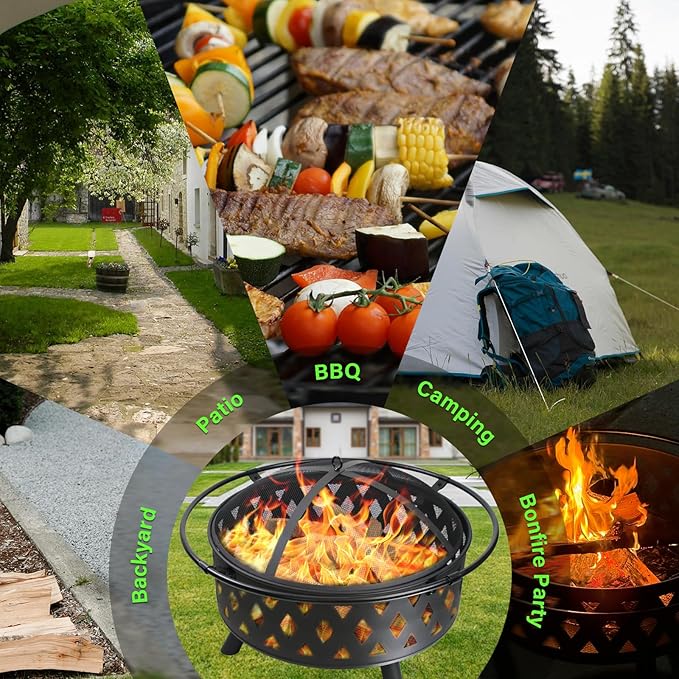 32 Inch Fire Pit Outdoor Burning Stove, 2 in 1 Metal Round Fireplace for Outside Bonfire Party, BBQ, Camping, Backyard, Patio, Garden w/Fire Poker, Spark Screen, Grate, Cover (Rhombic)
