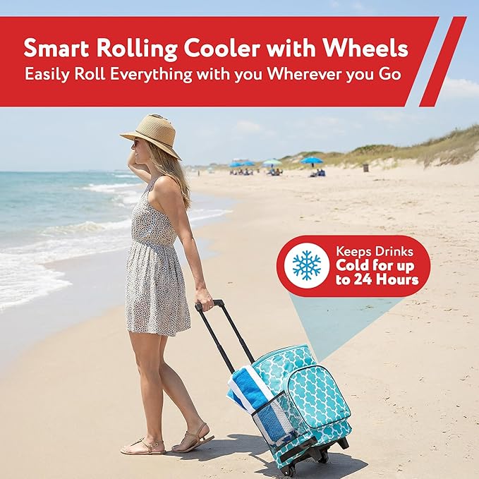 dbest products Ultra Compact Cooler Smart Cart, Moroccan Tile Insulated Collapsible Rolling Tailgate BBQ Beach Summer