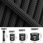 Paracord Rope 750 - Parachute para Cord 4mm 11 Strand Spool Rope Utility Nylon String for Outdoor Camping Survival Utility Tent Crafting DIY Projects - Black 1000ft