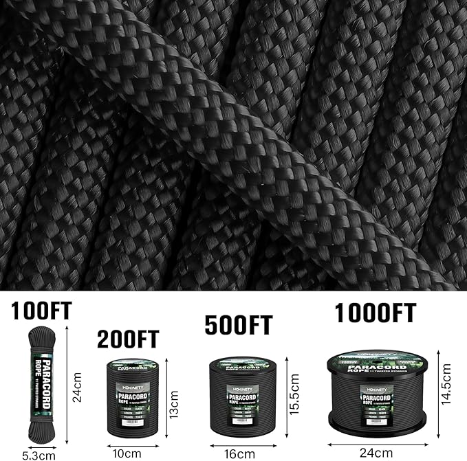 Paracord Rope 750 - Parachute para Cord 4mm 11 Strand Spool Rope Utility Nylon String for Outdoor Camping Survival Utility Tent Crafting DIY Projects - Black 500ft