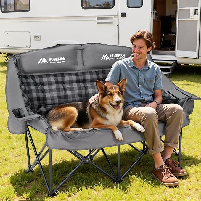 Padded Double Camping Chair High Back Double Seat Camping Chair Oversized Camping Loveseat Support 800LBS Heavy Duty Camping Couch with Cup Holders, Cooler, Carry Bag, Grey