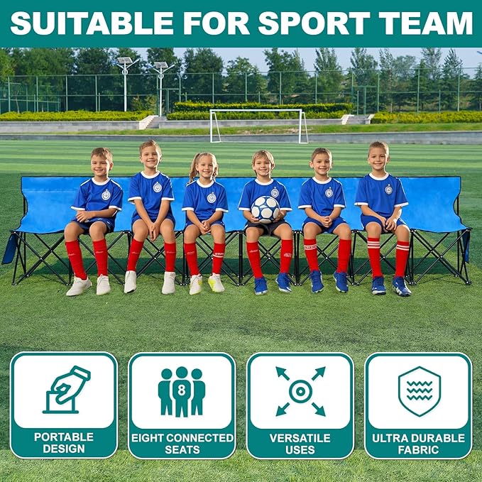 1MORE Portable Folding Bench, Foldable Sideline Bench for Team, 8 Seats Outdoor Camping Chair with Carry Bag & Backrest, Team Sport Sideline Bench for Football,Soccer, Fishing. Blue