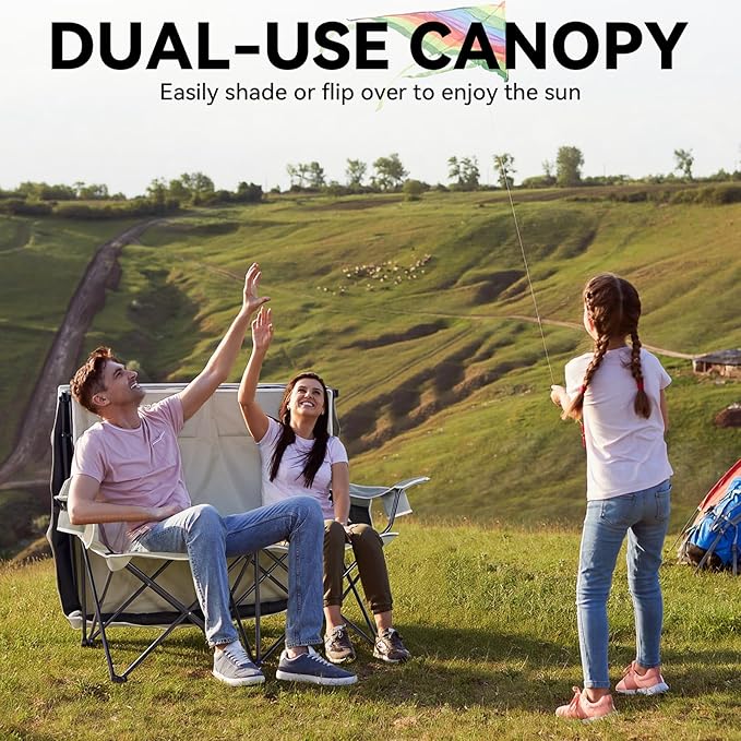 Double Camping Chair with Shade Canopy 2 Person Folding Chair with Canopy Portable Beach Chair Heavy Duty Camping Chair with Two Cup Holders and Side Pocket for Outside Camping,Beach,Sports