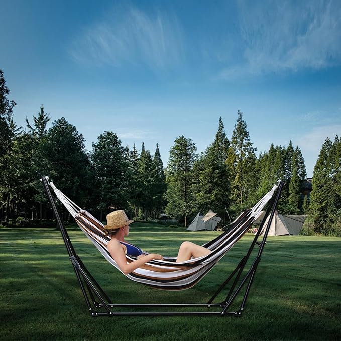 Hammock with Foldable Steel Stand,Frabic Tension Adjustable Indoor,Carrying Bag Included, 616 lbs Weight Capacity, Portable Suitable for Outside Garden Yard Outdoor Inhouse Multicolour