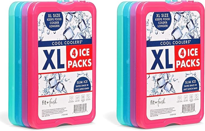 Cool Coolers by Fit&Fresh,Reusable&Long-Lasting XL Slim Ice Packs,Cold Packs - Cooler,Freezer-Packs for Lunch Boxes Cooler Accessories-for Lunch,Camping,Beach,and Work,Multicolored,8 Count(Pack of 3)