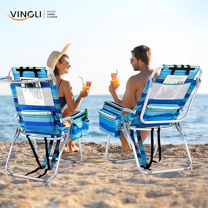 VINGLI Tall Beach Chair 2 Pack Lightweight, Backpack Beach Chair for Adults with 5-Position, Cooler Bag, Cup Holders, Towel Bar, Lightweight Folding Beach Camping Chairs